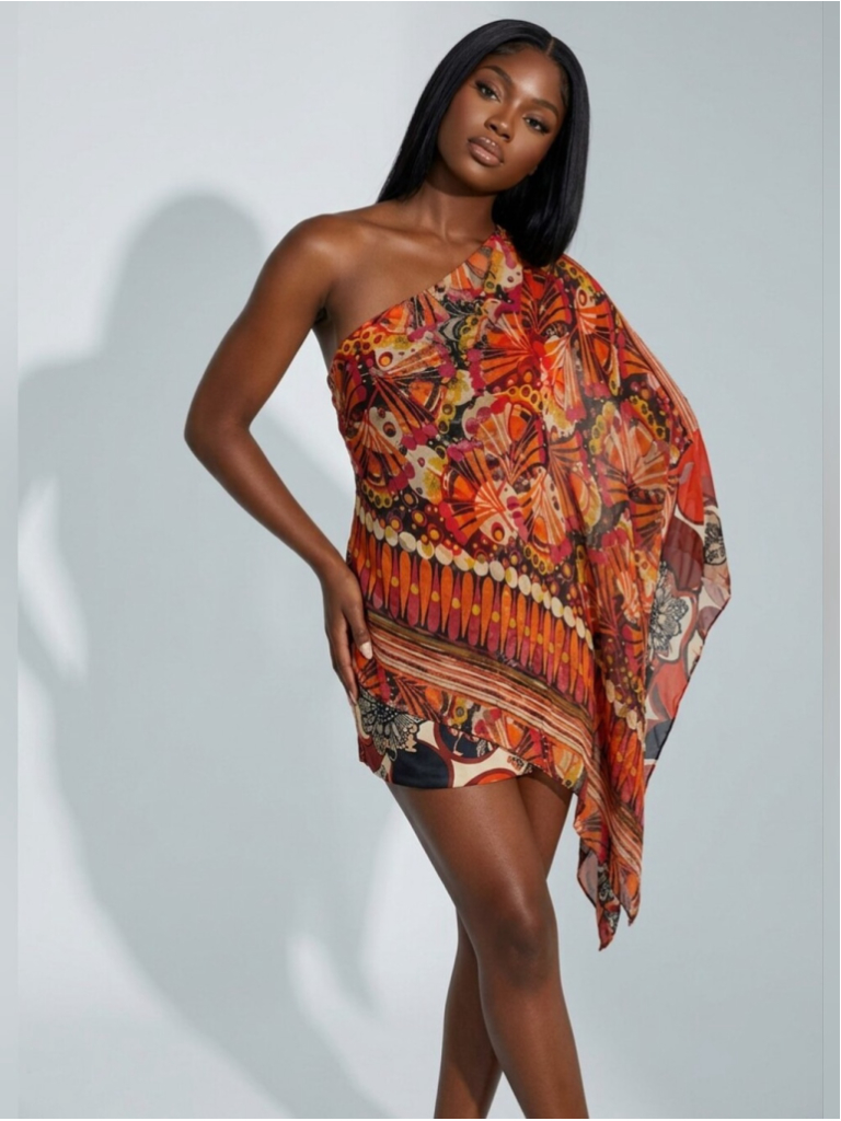 Marciano Floral One Shoulder Silk Dress.